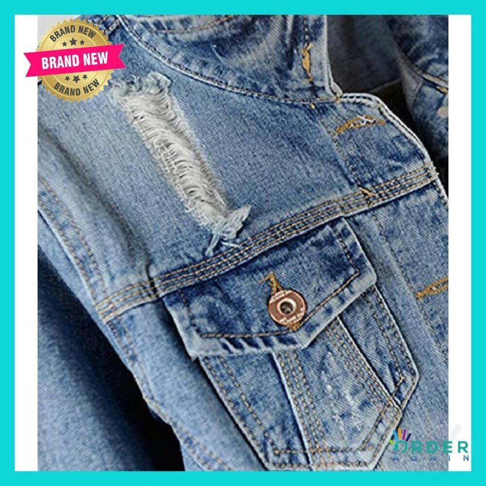 Distressed Ripped Denim Jacket Classic Vintage Trucker Fit Long Sleeve - Picture 3 of 8